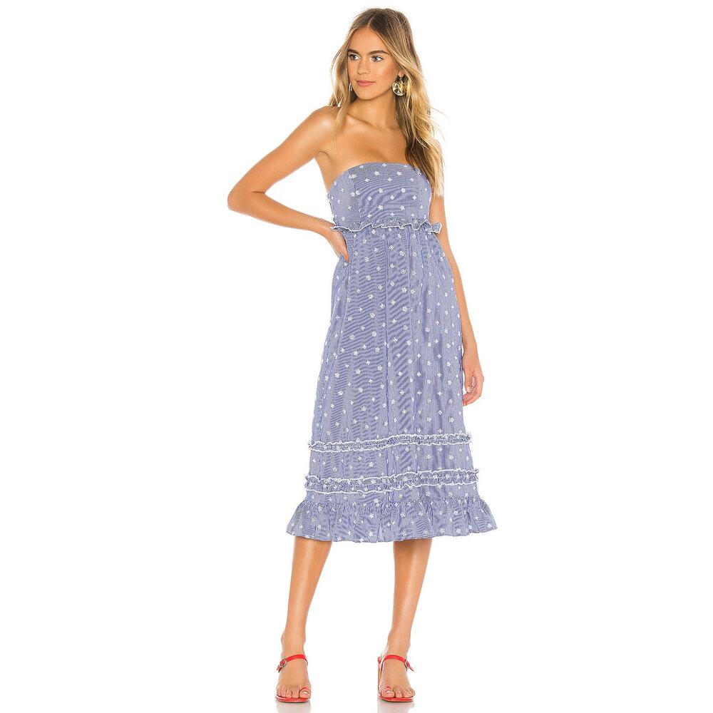 Tularosa Raven Blue White Striped Embroidered Cotton Midi Dress Size XS